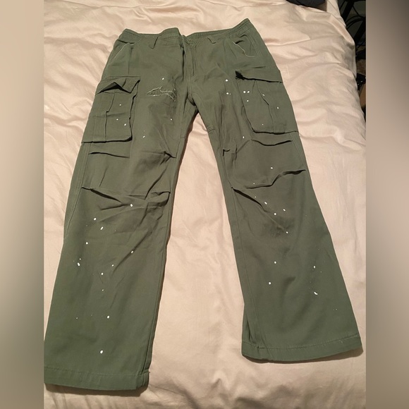 Green wide leg cargo pants with white paint and stitching (all intended) 38” - Picture 1 of 3